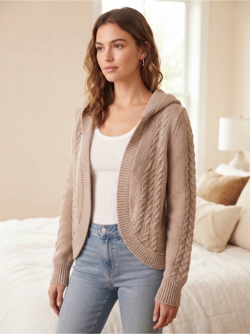 Alice + Olivia Cable Knit Hooded Cardigan Sweater - Beige